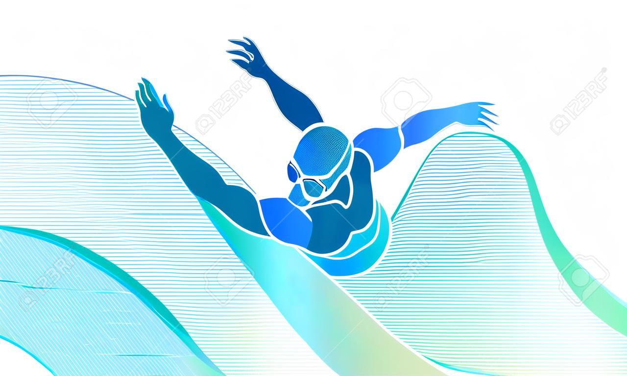 Freestyle Swimmer Black Silhouette. Natação esportiva, rastreamento frontal. Vector Professional Swimming Color Illustration