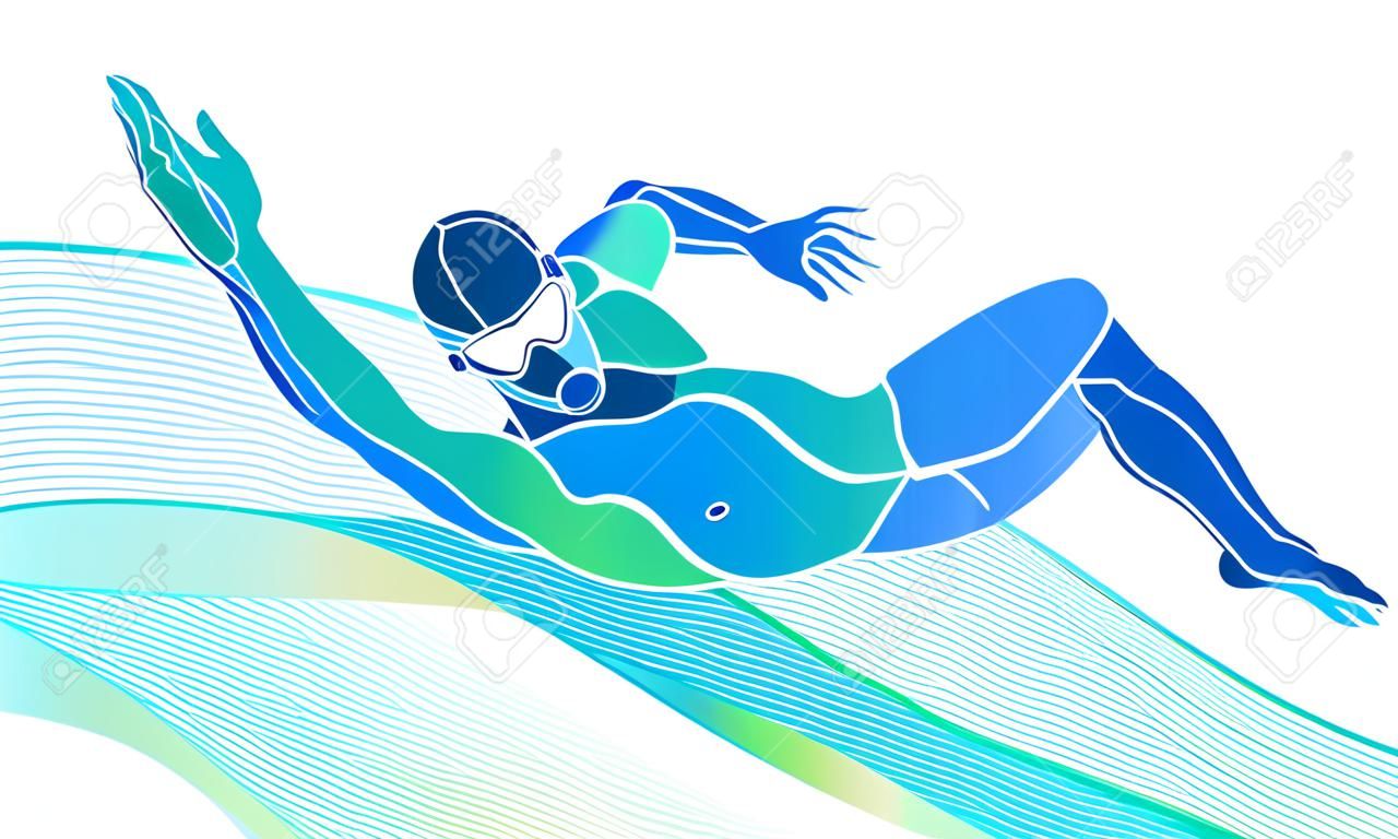 Freestyle nuotatore Silhouette nero. nuoto Sport, crawl. Illustrazione vettoriale professionale a colori Nuoto