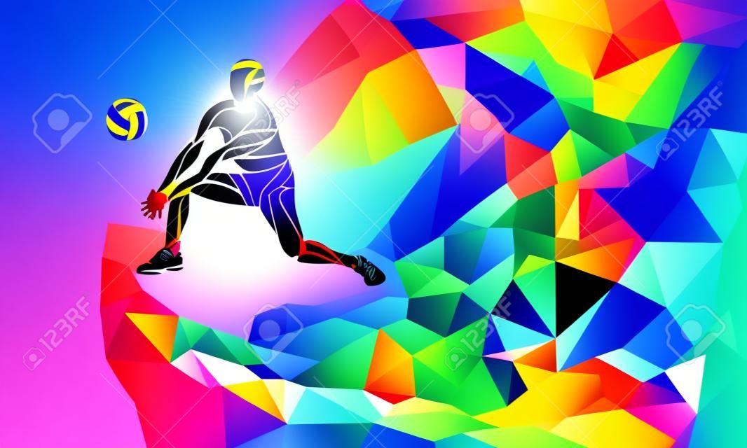 ボールを受けたバレーボール選手の創造的なシルエット。ビーチ スポーツ、トレンディな抽象的なカラフルな多角形の幾何学的なスタイルと虹の背景やバナーのテンプレートとカラフルなベクトル イラスト バックします。