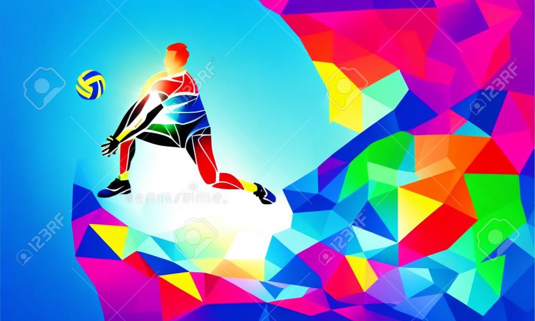 Kreative Silhouette der Volleyball-Spieler einen Ball erhalten. Beachsport, bunte Vektor-Illustration mit Hintergrund oder Banner-Vorlage in trendy abstrakten bunten Polygon geometrischen Stil und Regenbogen zurück