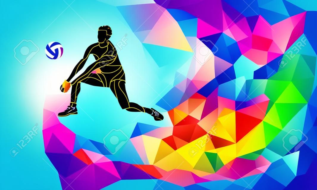 silhouette créative du joueur de volleyball recevoir une balle. le sport de plage, coloré, vecteur, Illustration avec fond ou modèle de bannière dans la mode abstrait polygone coloré style géométrique et arc-en-retour