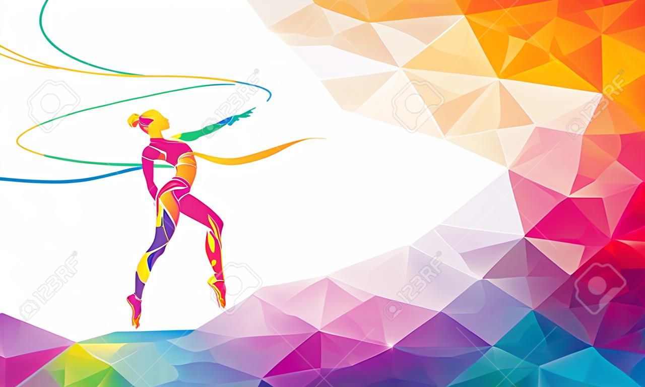 體操女孩創作的剪影。藝術體操絲帶，多彩的矢量插圖時尚的抽象的彩色多邊形的風格和彩虹後面的背景或橫幅模板