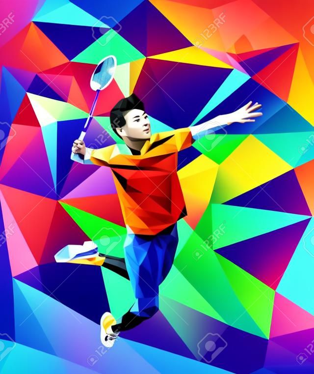 Poligonale geometrica giocatore di badminton professionale colorato low poly sfondo facendo tormentone girato con spazio per il volantino, manifesto, Web, opuscolo, scomparto. illustrazione di vettore