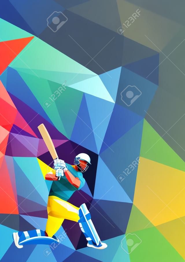 Низкая иллюстрация многоугольник стиль игрок в крикет битой с битой моргнув установлен на цветном фоне. Eps 10