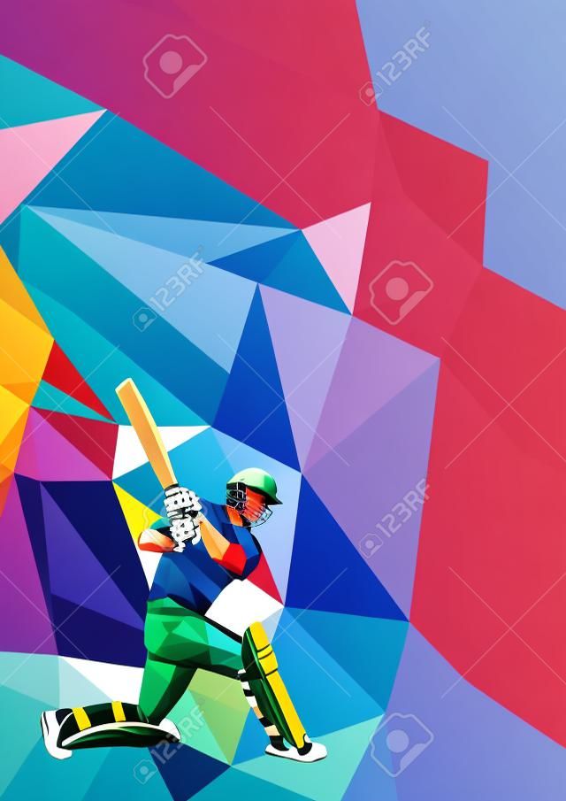Низкая иллюстрация многоугольник стиль игрок в крикет битой с битой моргнув установлен на цветном фоне. Eps 10