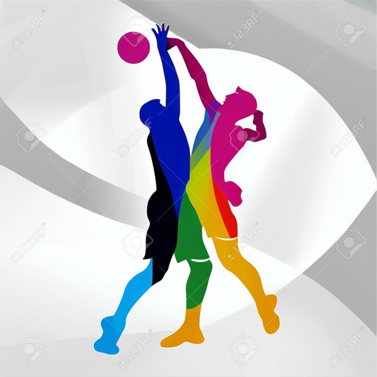 Vector logotipo voleibol. Colorfull jogadores de voleibol bate uma bola