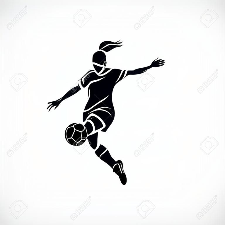 女性サッカー。女の子のサッカー選手のシルエットがボールを蹴る