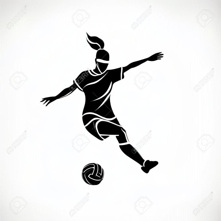 女性サッカー。女の子のサッカー選手のシルエットがボールを蹴る