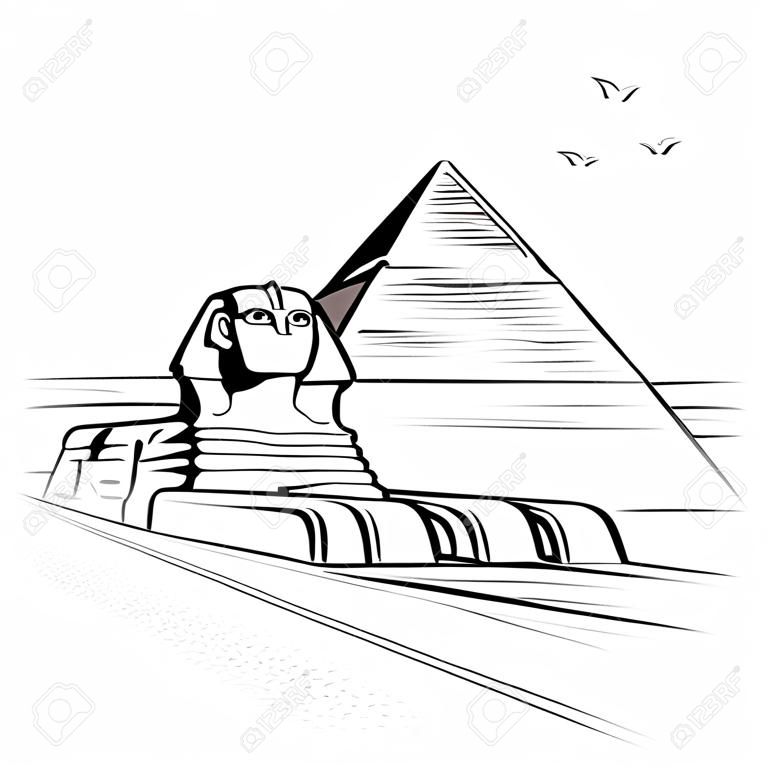 Рисование пирамид и Сфинкс в Гизе, Египет. Векторные иллюстрации