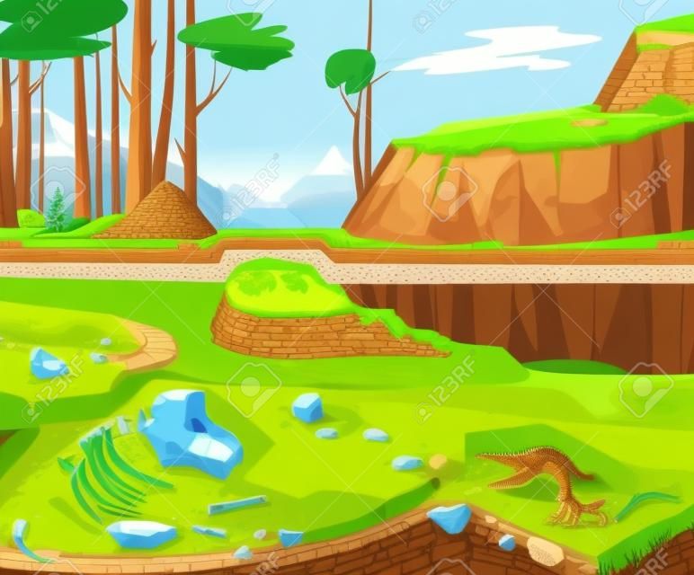 Archaeological excavations, cartoon vector illustration. Natural landscape with trees, mountains, green grass and dug pit. Underground soil with fossils, dinosaur skeleton in them, cross section