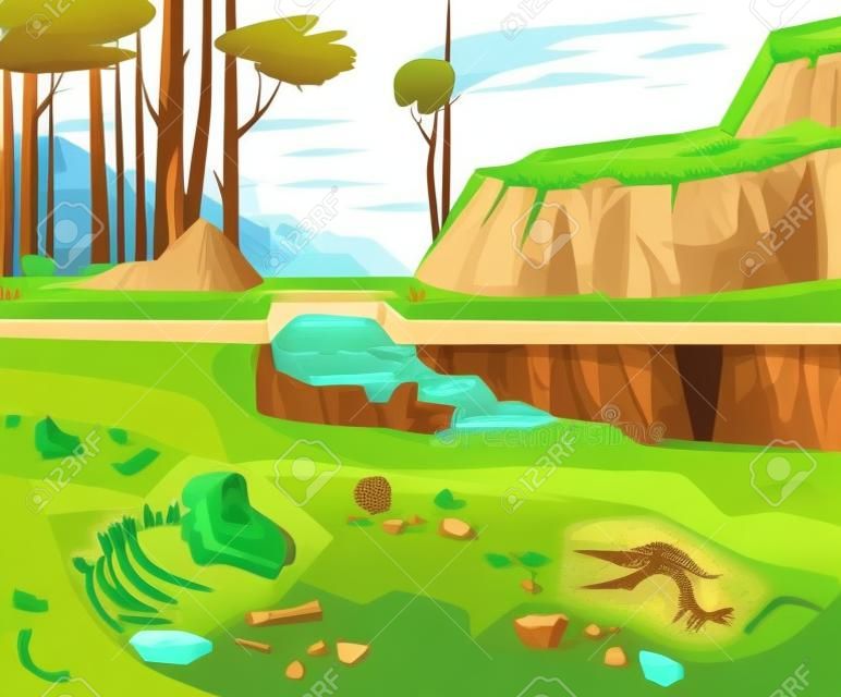 Archaeological excavations, cartoon vector illustration. Natural landscape with trees, mountains, green grass and dug pit. Underground soil with fossils, dinosaur skeleton in them, cross section