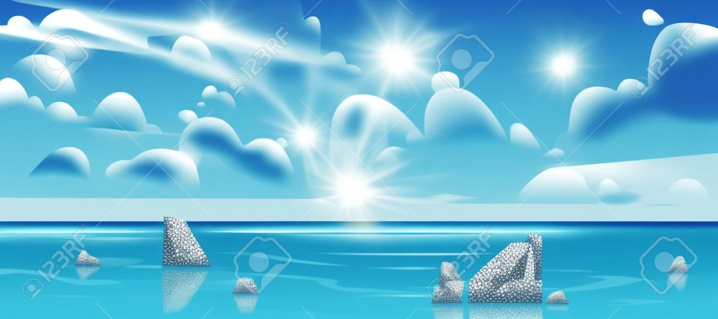 Sea landscape with stones in water and clouds in blue sky. Vector cartoon illustration of coastal ocean with rocks. Seascape of rocky shore on island