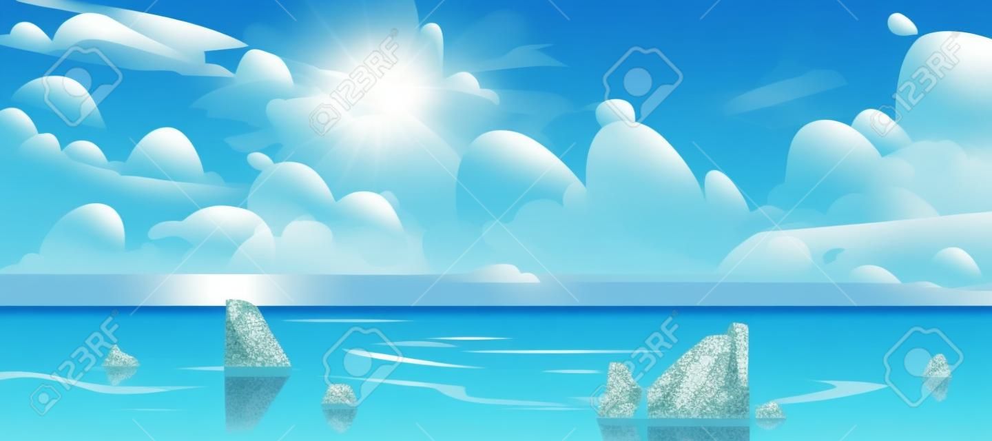 Sea landscape with stones in water and clouds in blue sky. Vector cartoon illustration of coastal ocean with rocks. Seascape of rocky shore on island