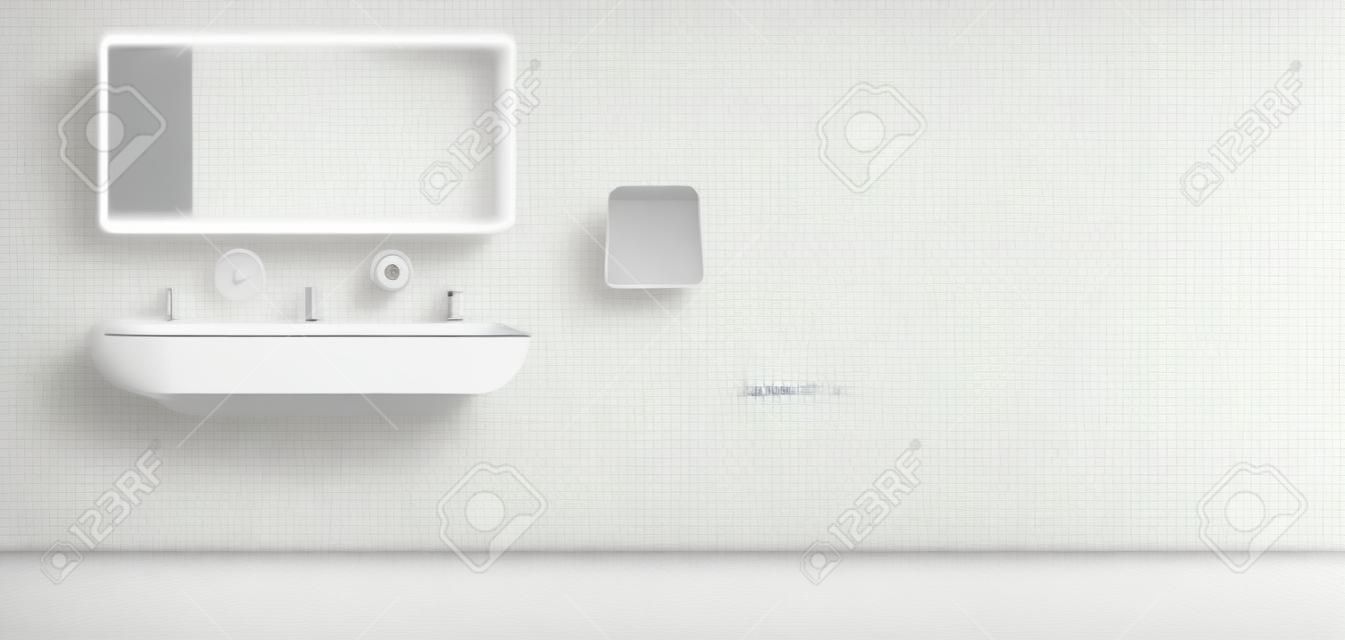 Openbaar toilet met witte keramische wastafel en spiegel. Vector realistisch interieur van lege toilet met wastafel en handdroger op witte betegelde muur. Illustratie van toilet, WC