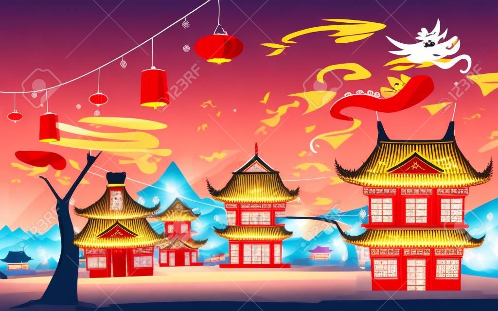 Weifang kite festival in China. Vector cartoon landscape of chinese village with traditional houses, glow lanterns on street and flying paper red dragon in sky