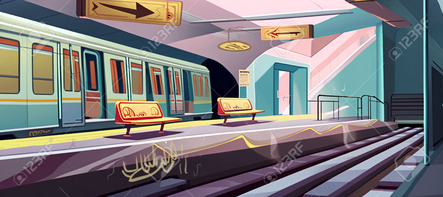 Stacja metra, pociąg przyjeżdżający do pustej platformy metra z podziemnego tunelu. wektorowa kreskówka ilustracja bałaganu wnętrza metra ze śmieciami, graffiti na siedzeniach i ścianach w obszarze getta