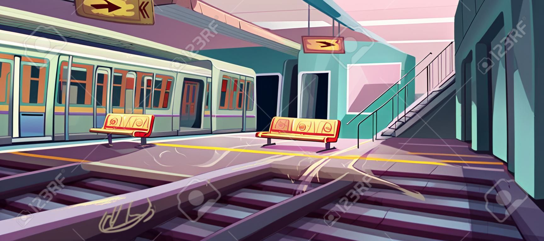 Estação de metrô, trem de chegada à plataforma de metrô vazia do túnel subterrâneo. Ilustração em vetor do interior do metrô bagunçado com lixo, grafite em assentos e paredes na área do gueto
