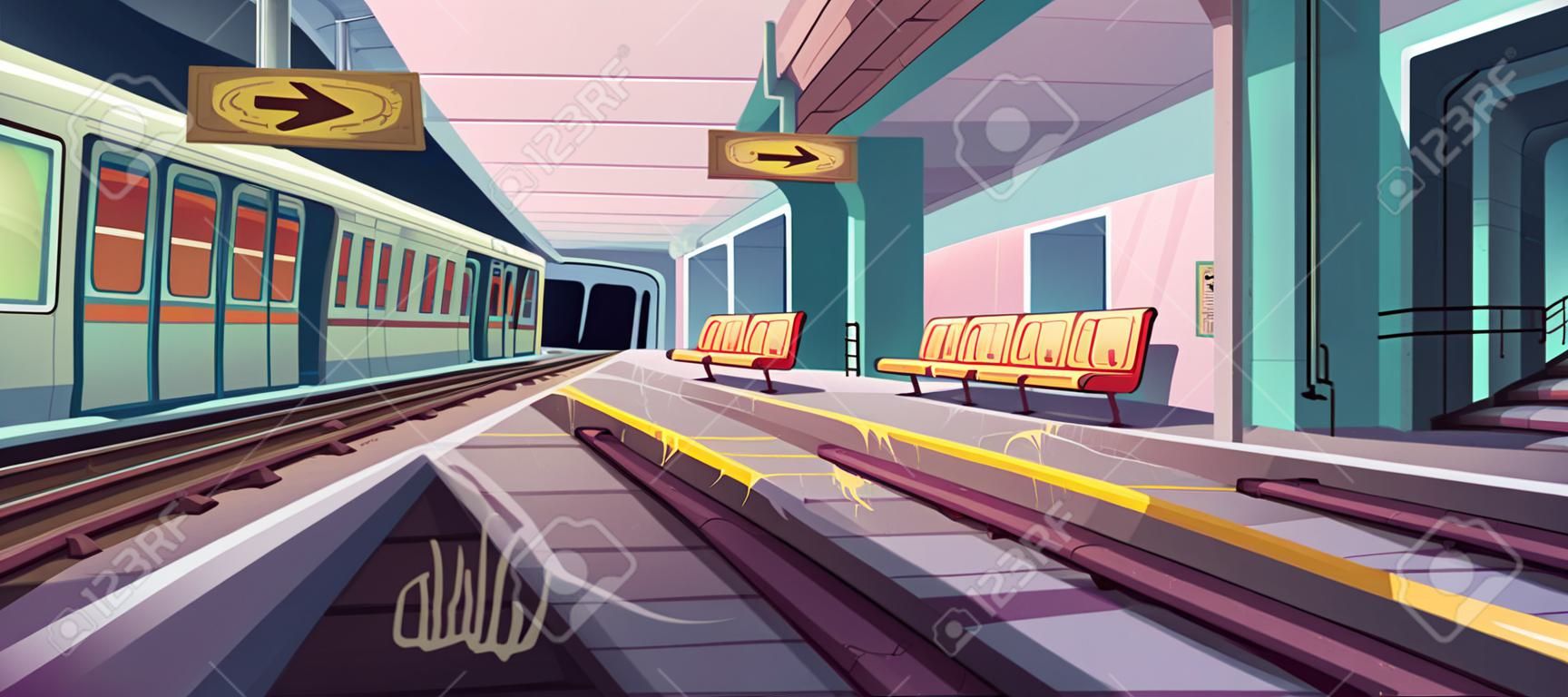 Stacja metra, pociąg przyjeżdżający do pustej platformy metra z podziemnego tunelu. wektorowa kreskówka ilustracja bałaganu wnętrza metra ze śmieciami, graffiti na siedzeniach i ścianach w obszarze getta