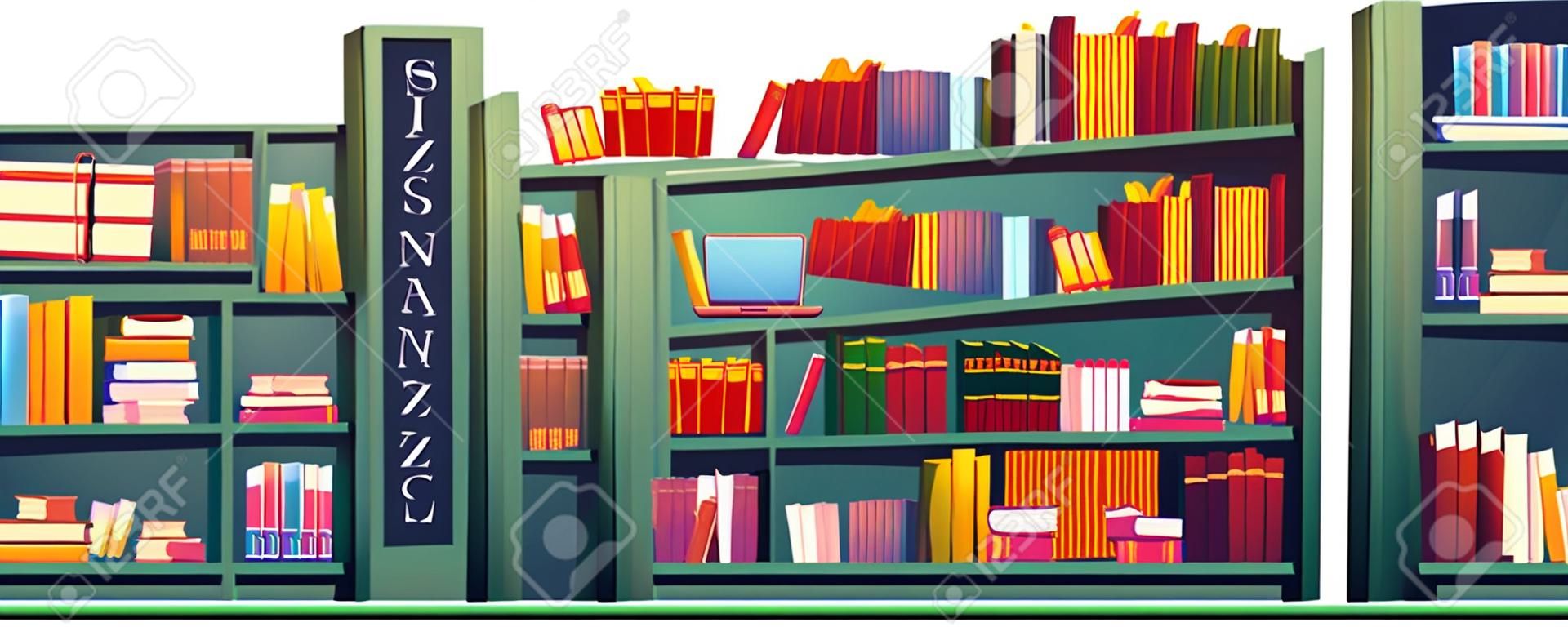 Biblioteka z książkami na półkach i laptopem na stole. Ilustracja kreskówka wektor szkoły, uniwersytetu lub biblioteki publicznej lub sklepu z regałem, biurkiem do nauki i lampą na białym tle