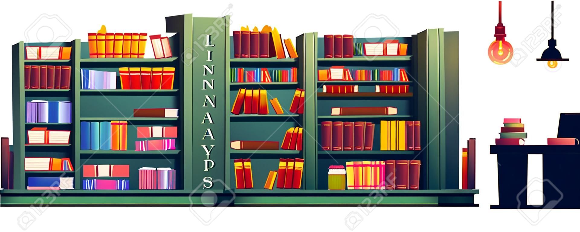 책꽂이에 책이 있고 테이블에 노트북이 있는 도서관. 학교, 대학 또는 공공 도서관 또는 책장, 연구용 책상 및 흰색 배경에 격리된 램프가 있는 상점의 벡터 만화 그림