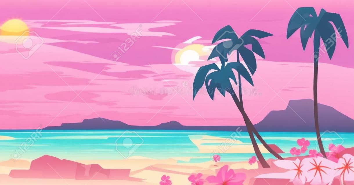 Sonnenuntergang oder Sonnenaufgang am Strand, tropische Landschaft mit Palmen und schönen Blumen am Meer unter rosa bewölktem Himmel. Idyllisches Paradies am Abend oder am Morgen, Insel im Ozean, Cartoon-Vektor-Illustration