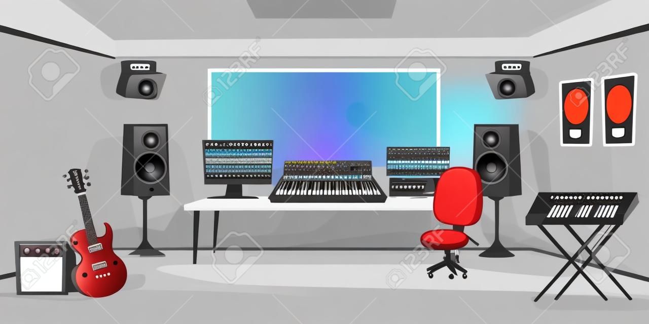 Muziek studio controle kamer en zanger cabine achter glas. Vector cartoon interieur met geluidsopname tools, gitaar en synthesizer, audio mixer en microfoon.