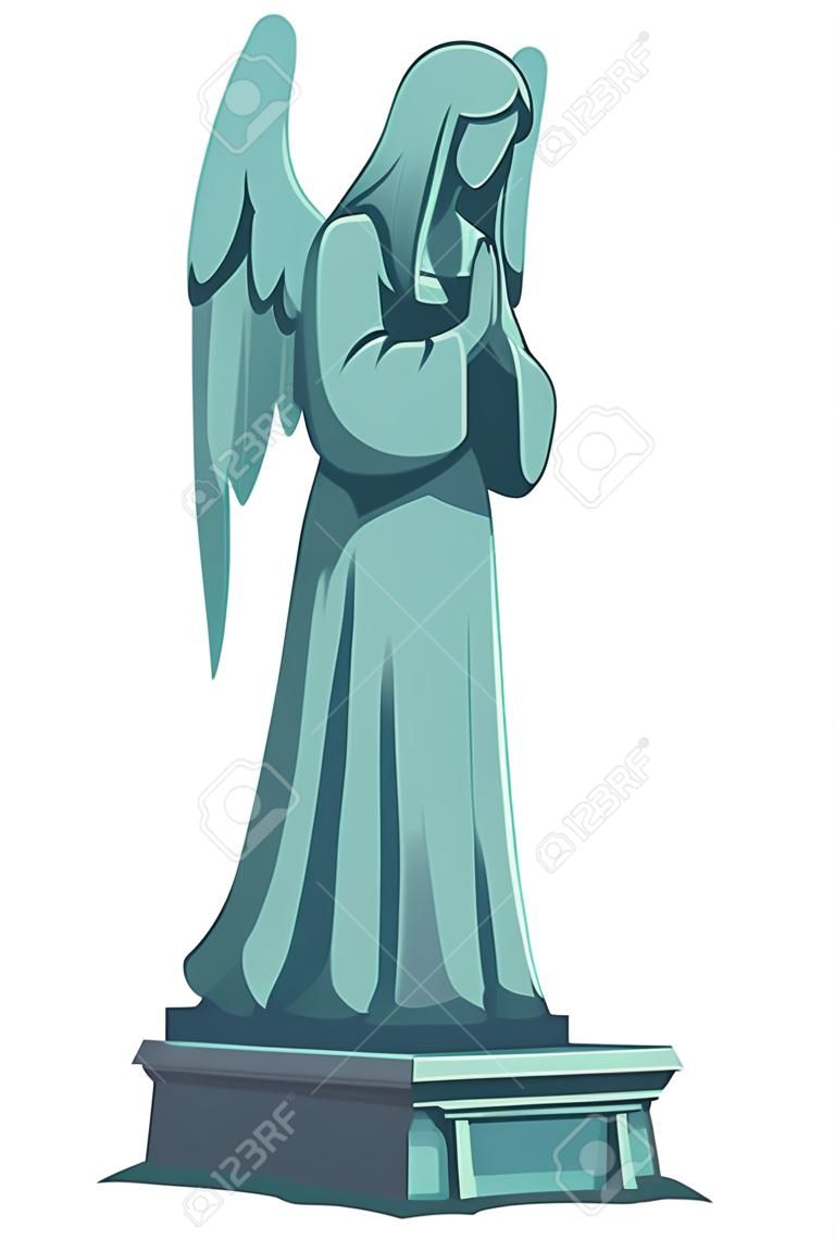 Figure de pierre d'ange, mémorial de pierre tombale de marbre de cimetière, cimetière catholique, symbole de déchirure d'ossuaire ou de crypte, statue gothique, fond blanc d'illustration d'halloween isolé, icône de vecteur de dessin animé, clipart