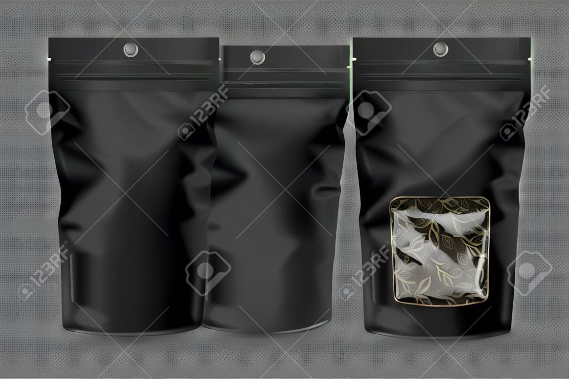 Foil pouch with zipper and clear window, doypack for food. Blank stand up plastic bags with green tea. Vector realistic mockup of black flex package with zip lock isolated on transparent background