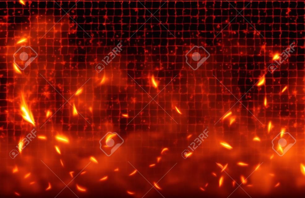 연기, 스파크 및 화재 입자, 불씨를 날고 불타는 재. 투명 배경에 고립 된 대장장이 작업 또는 지옥에서 모닥불에 불꽃의 벡터 현실적인 열 효과