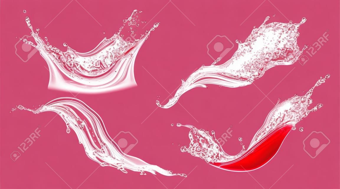 투명한 배경에 분리된 와인이나 붉은 주스가 튀었습니다. 떨어지는 투명한 과일 음료, 딸기, 포도 또는 체리 주스의 액체 파도의 벡터 현실적인 세트