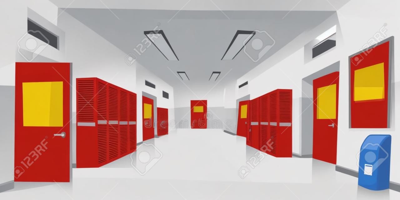 Interior del pasillo de la escuela con puertas de entrada, taquillas y tablón de anuncios en la pared. Ilustración de dibujos animados de vector de pasillo vacío en la universidad, la universidad con las puertas de las aulas cerradas