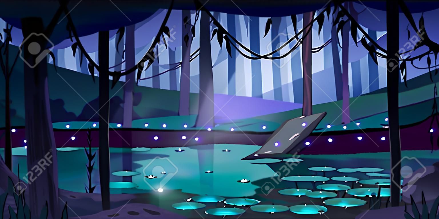 Swamp in tropical forest with fireflies at night. Fairy landscape with marsh, water lilies, trees trunks and rocks. Vector cartoon illustration of wetland, wild jungle with river or pond