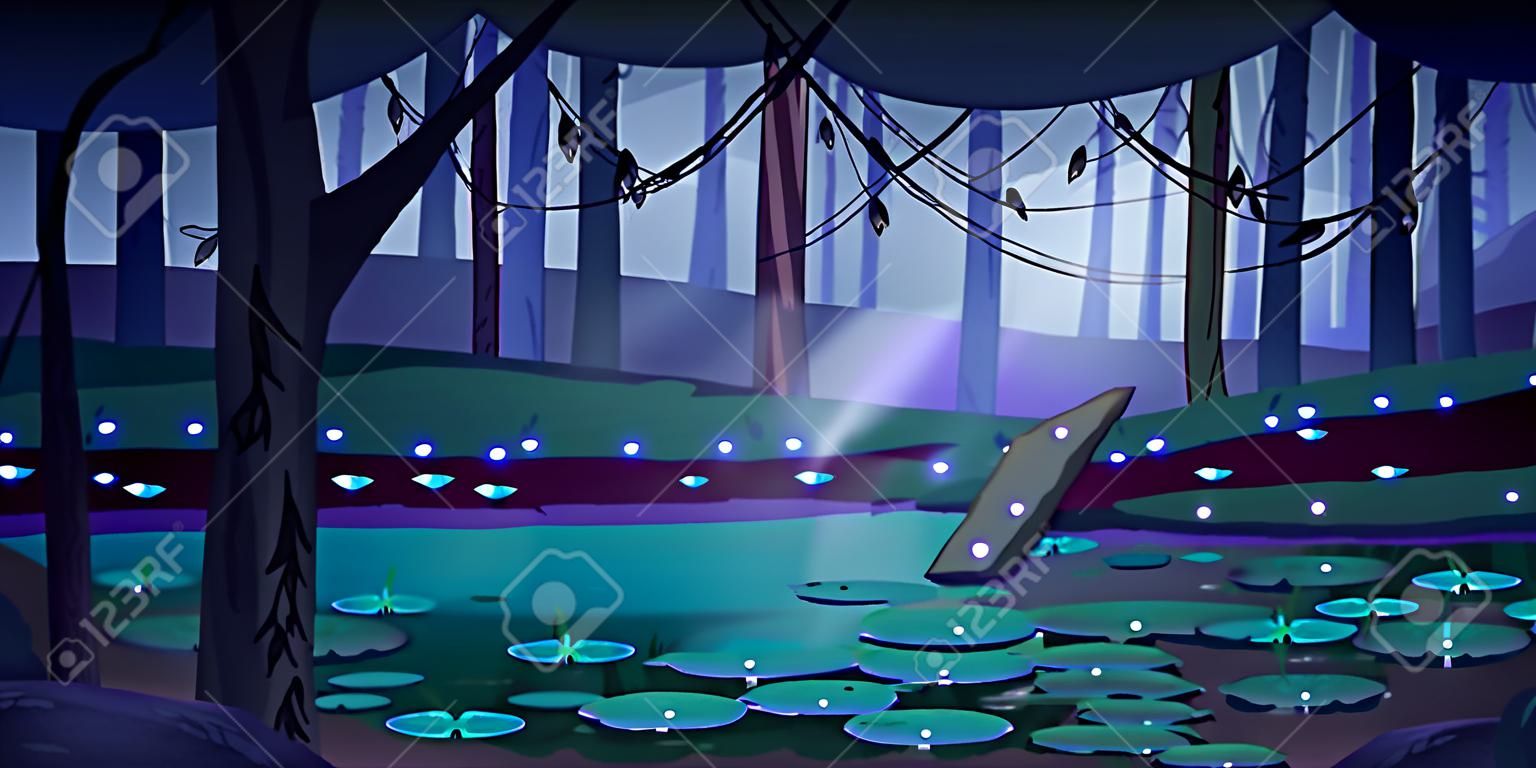 Swamp in tropical forest with fireflies at night. Fairy landscape with marsh, water lilies, trees trunks and rocks. Vector cartoon illustration of wetland, wild jungle with river or pond