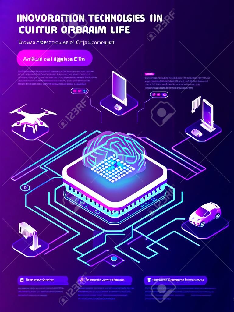 Artificial intelligence banner. Concept of innovation technologies in life. Vector isometric illustration of network, circuit connection of chip with hologram brain and computer, house and car