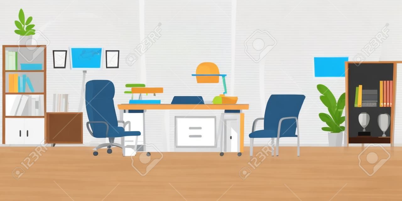 Principals office in school with desk, chairs, bookcase and showcase with sport trophies. Vector cartoon empty interior of headmaster cabinet for meeting and talking with teachers, pupils and parents