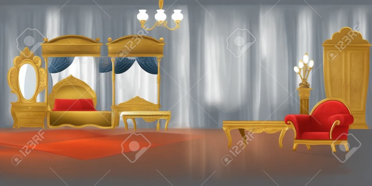 Night bedroom, baroque style interior, vintage room with luxury furniture bed with canopy, lamp, wardrobe, mirror, table and armchair, dark apartment with open balcony door cartoon vector illustration