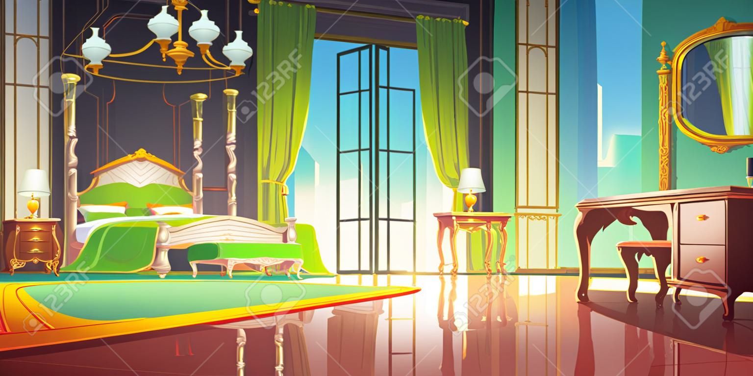 Interior do quarto de luxo com móveis em estilo romântico. Ilustração de desenho animado do vintage quarto barroco com cama de dossel, espelho na penteadeira e portas de vidro abertas para varanda