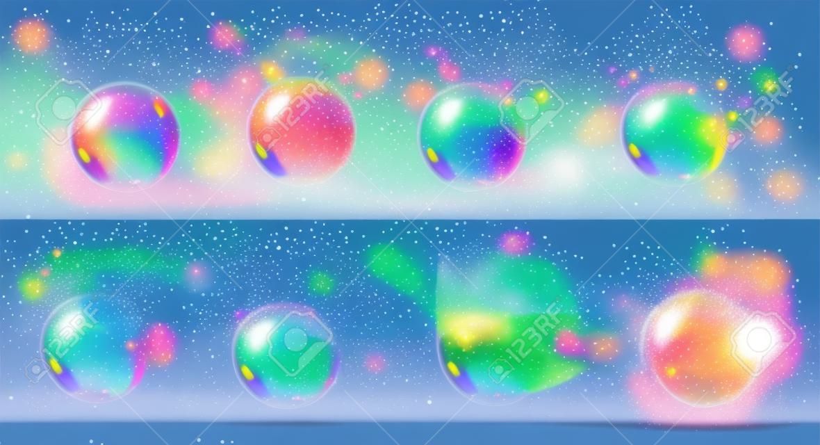 Sprites de explosión de burbujas de jabón para juegos o animación. Guión gráfico vectorial de explosión de esfera de agua realista con salpicaduras y gotas. Conjunto de explosión de secuencia de burbuja de arco iris brillante