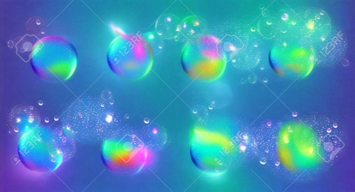 Sprite scoppiate a bolle di sapone per giochi o animazioni. Storyboard vettoriale dell'esplosione realistica della sfera d'acqua con schizzi e gocce. Set di sequenze di esplosione di bolle arcobaleno lucido