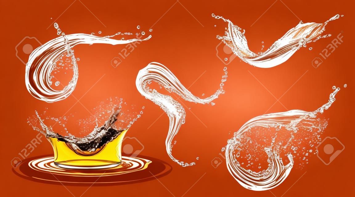 Salpicaduras de café, té o cola aisladas sobre fondo transparente. Conjunto vectorial realista de ondas líquidas de agua marrón que cae y fluye, whisky o cerveza con gotas y remolinos