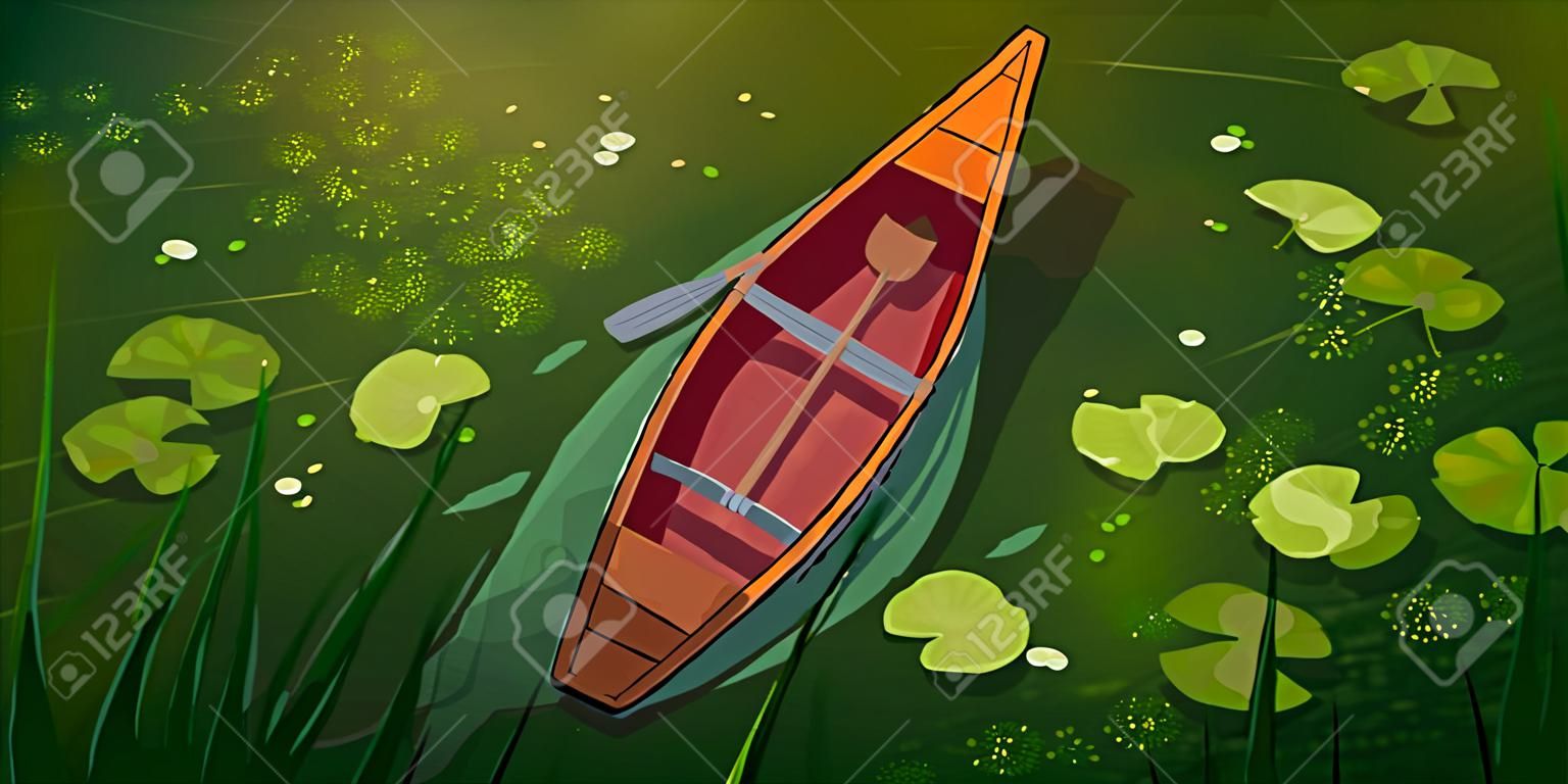 Bagno z łodzi i lilii wodnej pozostawia widok z góry. wektor kreskówka krajobraz zielonego jeziora lub rzeki z roślinami wodnymi i pustą drewnianą łodzią wiosłową z jednym wiosłem