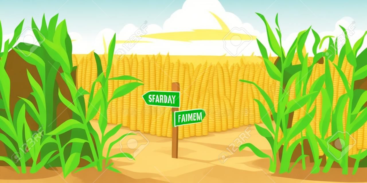 Green maize plants and sandy road between corn fields, wooden post with arrows and traffic signs. Farm agricultural landscape, natural scene cartoon vector illustration.