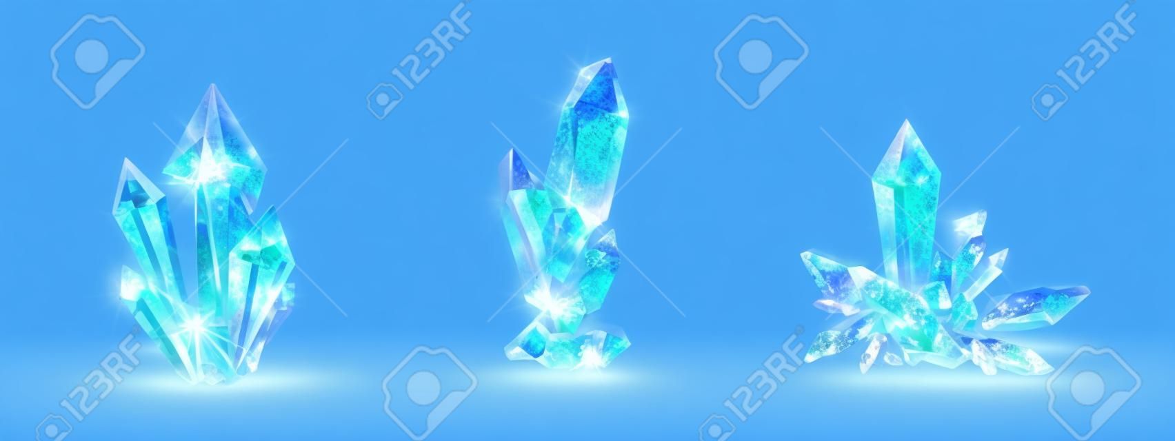 Crystal clusters with blue glowing light aura, quartz or crystalline mineral. Unfaceted rough glowing rocks stalagmites, isolated jewelry precious or semiprecious gem stones, Realistic 3d vector set