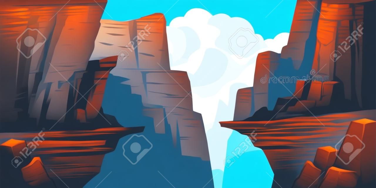 Krajobraz górski z przepaścią w skałach. ilustracja kreskówka wektor otchłani między klifami, kanionem lub wąwozem. niebezpieczne skaliste pęknięcie, szczelina lub przepaść dzieli kamienną półkę