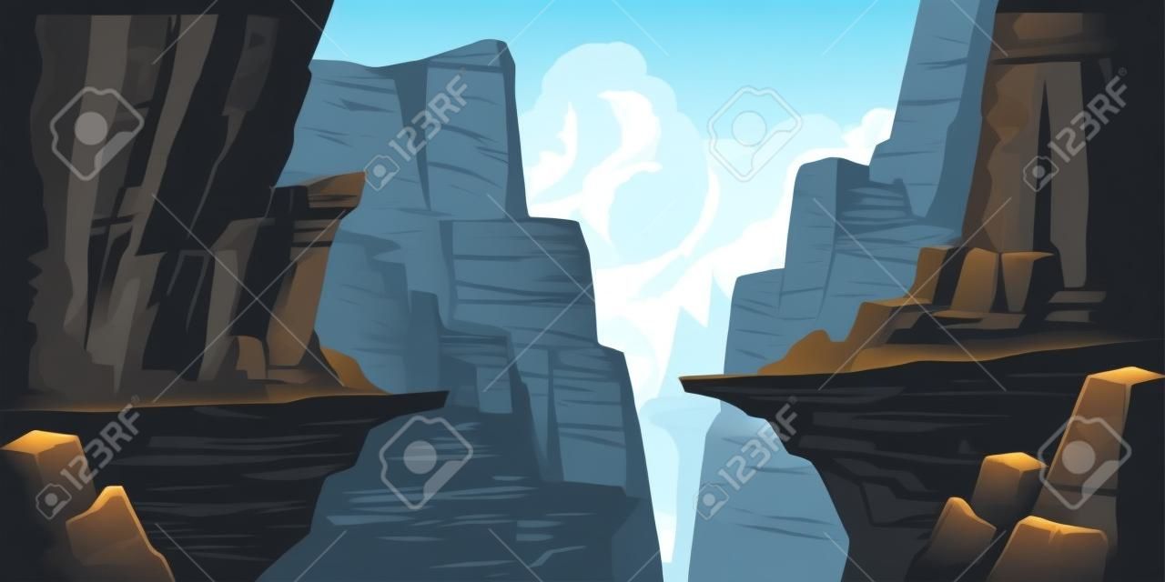 Paesaggio di montagna con precipizio nelle rocce. Illustrazione del fumetto di vettore dell'abisso tra scogliere, canyon o gola. Pericolose fessure rocciose, fessure o voragini dividono la sporgenza di pietra
