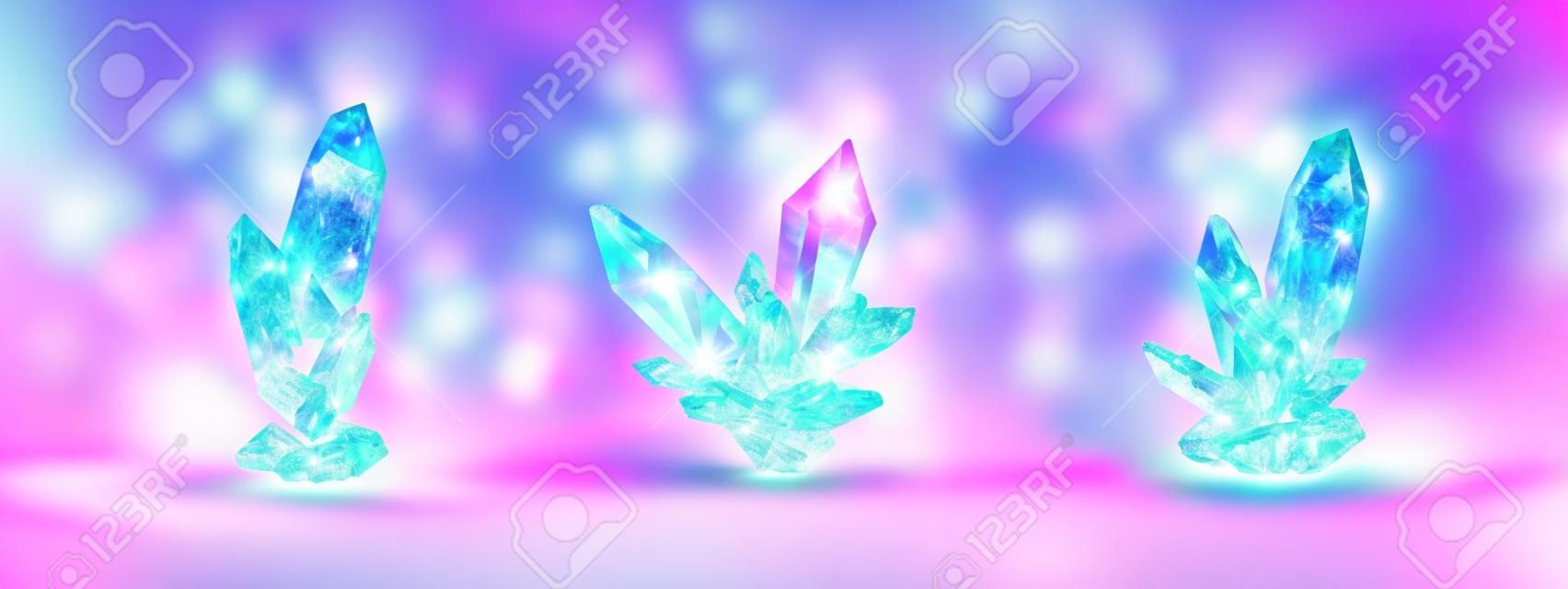Crystal clusters with pink glowing light aura, quartz or crystalline mineral. Unfaceted rough glowing rocks stalagmites, isolated jewelry precious or semiprecious gem stones, Realistic 3d vector set