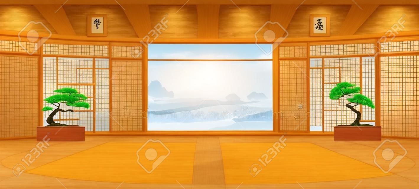 Habitación Dojo, interior de estilo japonés vacío para meditación o entrenamiento de artes marciales con piso de madera, árboles bonsai y puerta abierta con vistas panorámicas pacíficas en el campo de arroz asiático, ilustración vectorial de dibujos animados