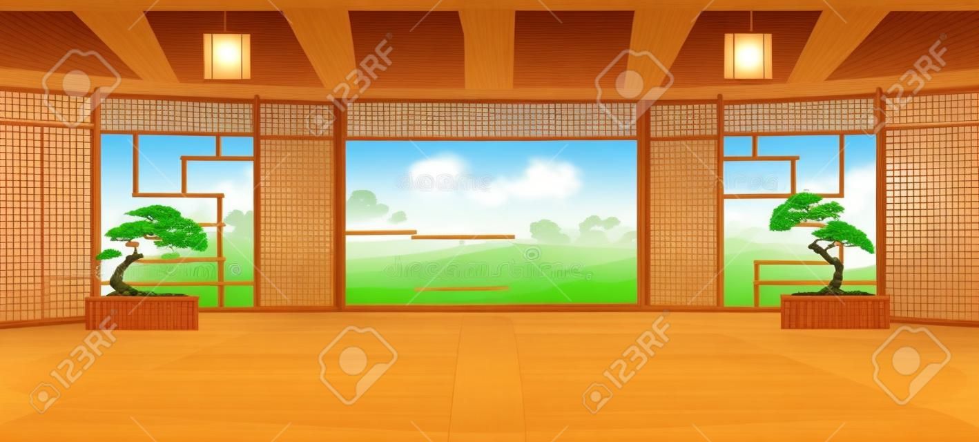 Dojo room, empty japanese style interior for meditation or martial arts workout with wooden floor, bonsai trees and open door with scenic peaceful view on asian rice field, Cartoon vector illustration