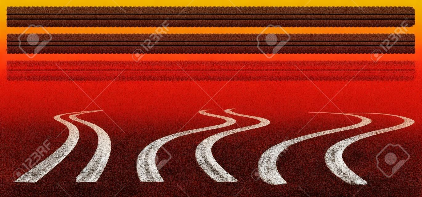 黒い車のタイヤの跡、道路や汚れにゴム製のホイールプリント。白い背景で隔離の車両タイヤからのグランジ曲がりくねったトレース。上面図と透視図のトレッドマークのベクトルグラフィックセット