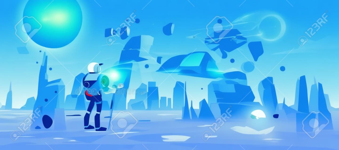 Astronaut on alien planet and flying spaceship. Cosmonaut and shuttle explore outer space. Vector cartoon illustration of futuristic planet surface with rocket and man in suit and helmet